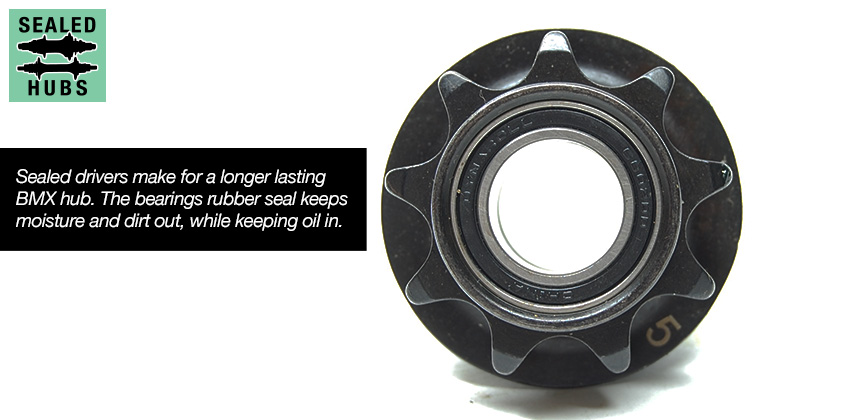 Sealed drivers make for a longer lasting BMX hub. The bearings rubber seal keeps moisture and dirt out, while keeping oil in.
